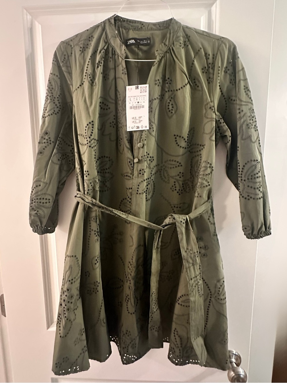 Zara Olive Green Eyelet Tie-Waist Dress